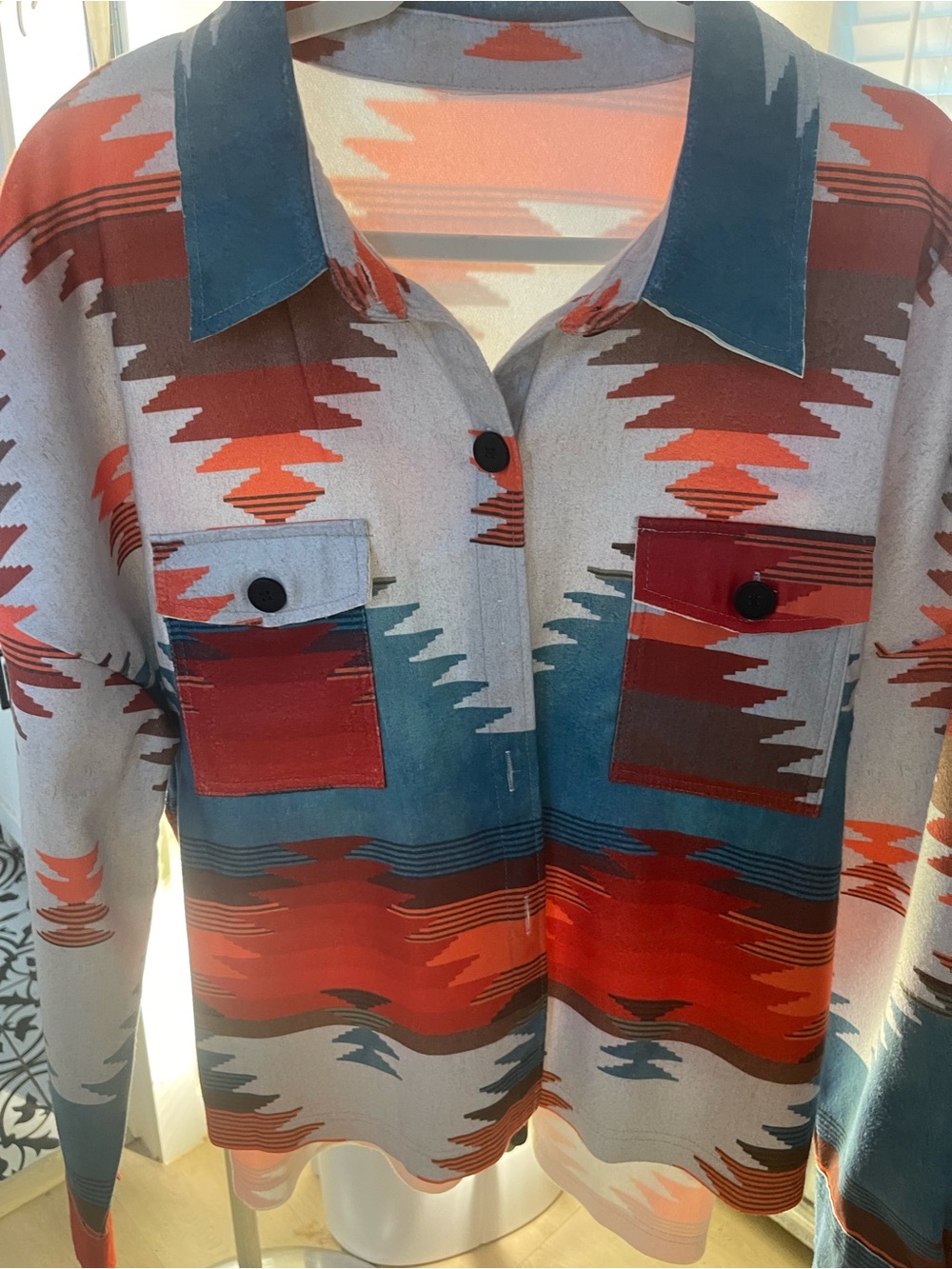 Woman’s  Aztec Pattern Button-Up Shirt - Red & Teal New Never Worn!